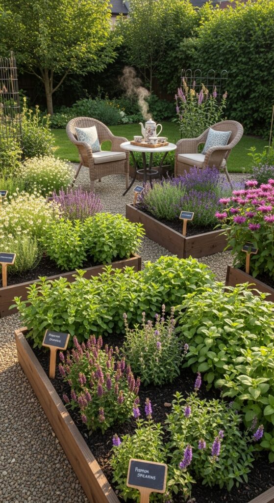 Dedicated tea garden with chamomile, mint, lavender, and seating area
