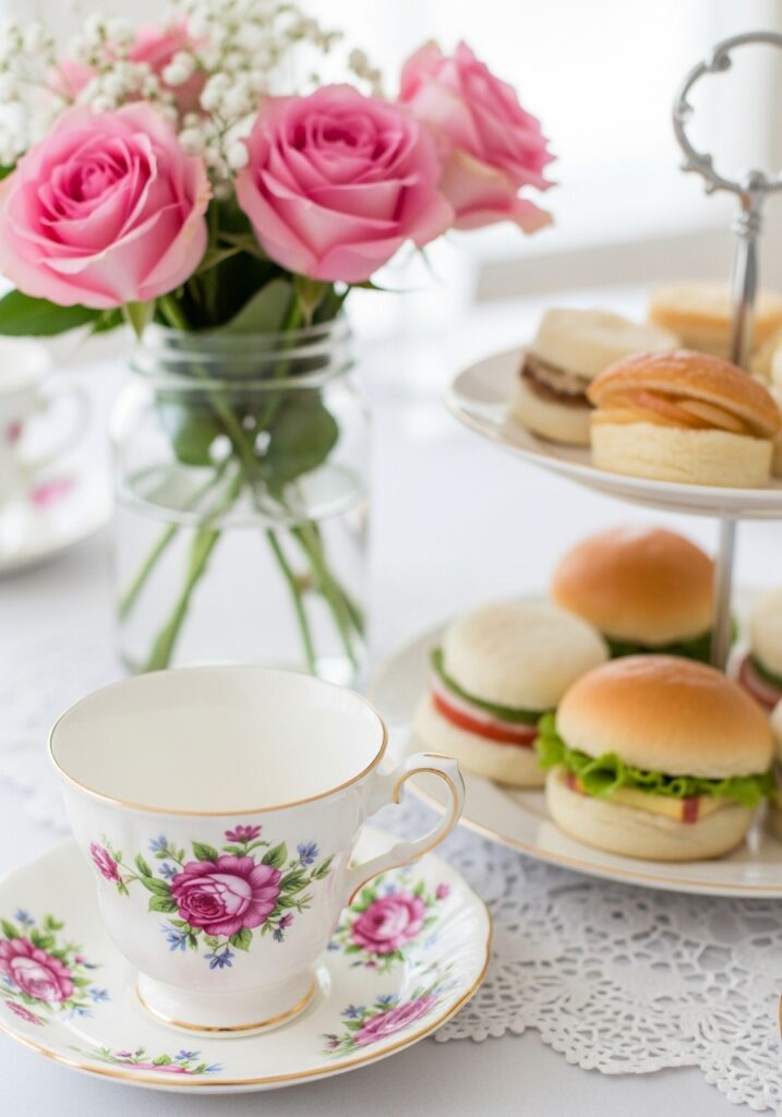 Close up of vintage tea party baby shower table setting with floral china
