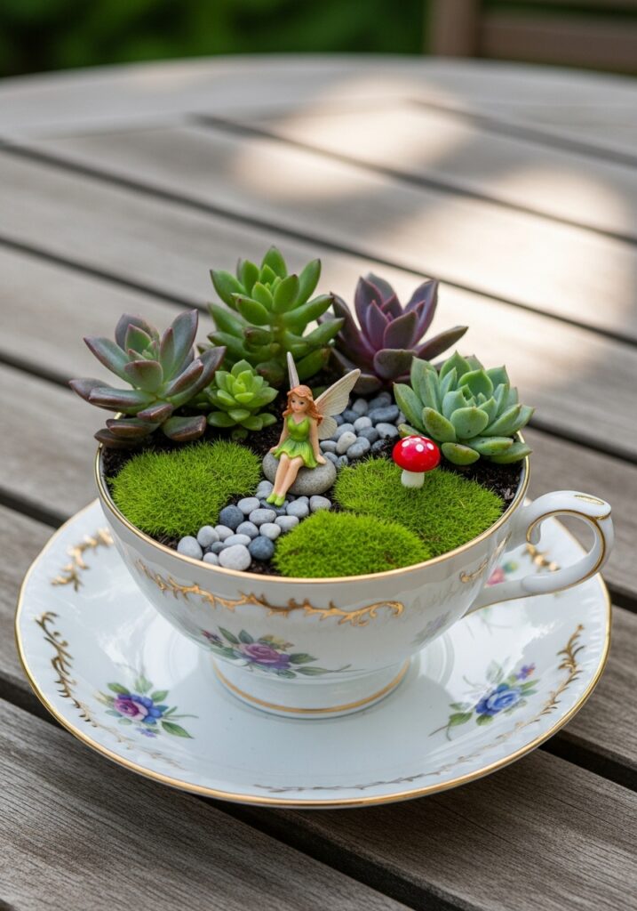  Vintage teacup fairy garden with succulents and miniature accessories