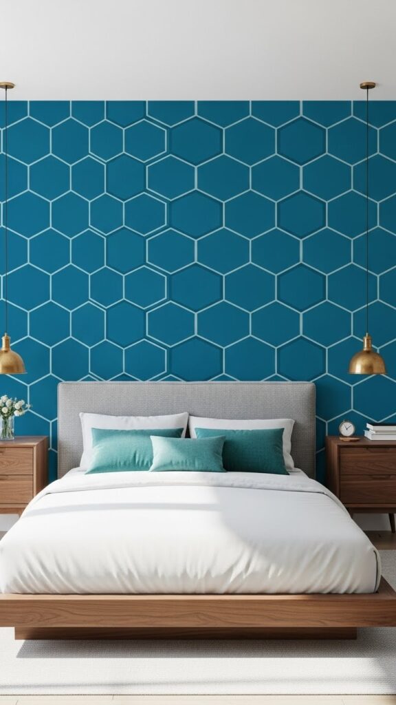 Teal blue geometric hexagon wallpaper statement accent wall behind platform bed