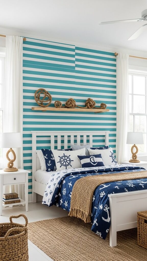 Teal blue and white horizontal striped wallpaper accent wall in coastal bedroom