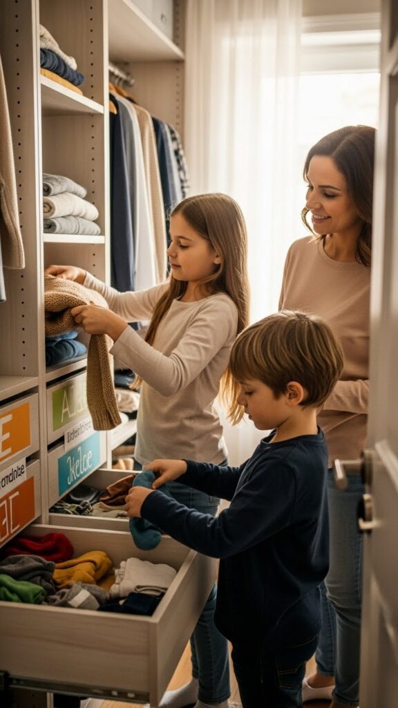 Siblings working together on weekly closet organization maintaining their individual sections in shared space
