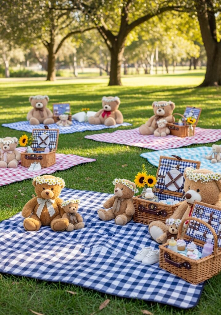 Teddy bear picnic baby shower outdoors with stuffed bears and picnic blankets