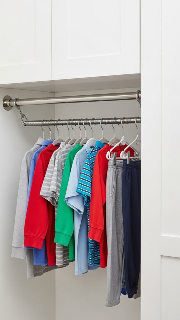 Tension rod installed in apartment kids closet creating extra hanging space without drilling holes in walls