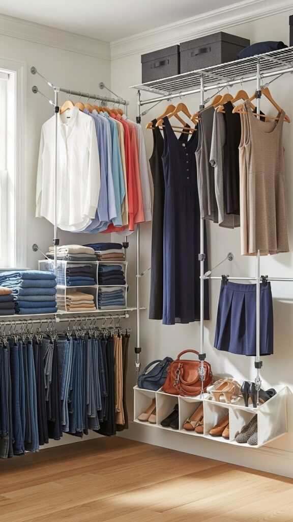 Tension rod and clip system creating budget-friendly modular closet organization