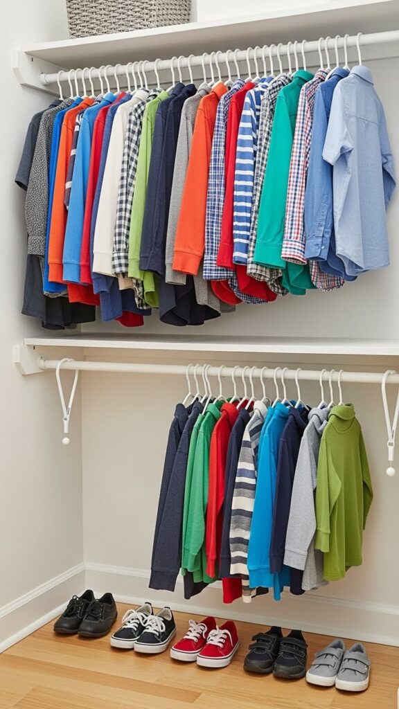 Tension rod creating extra hanging space in kids closet as budget-friendly organization hack