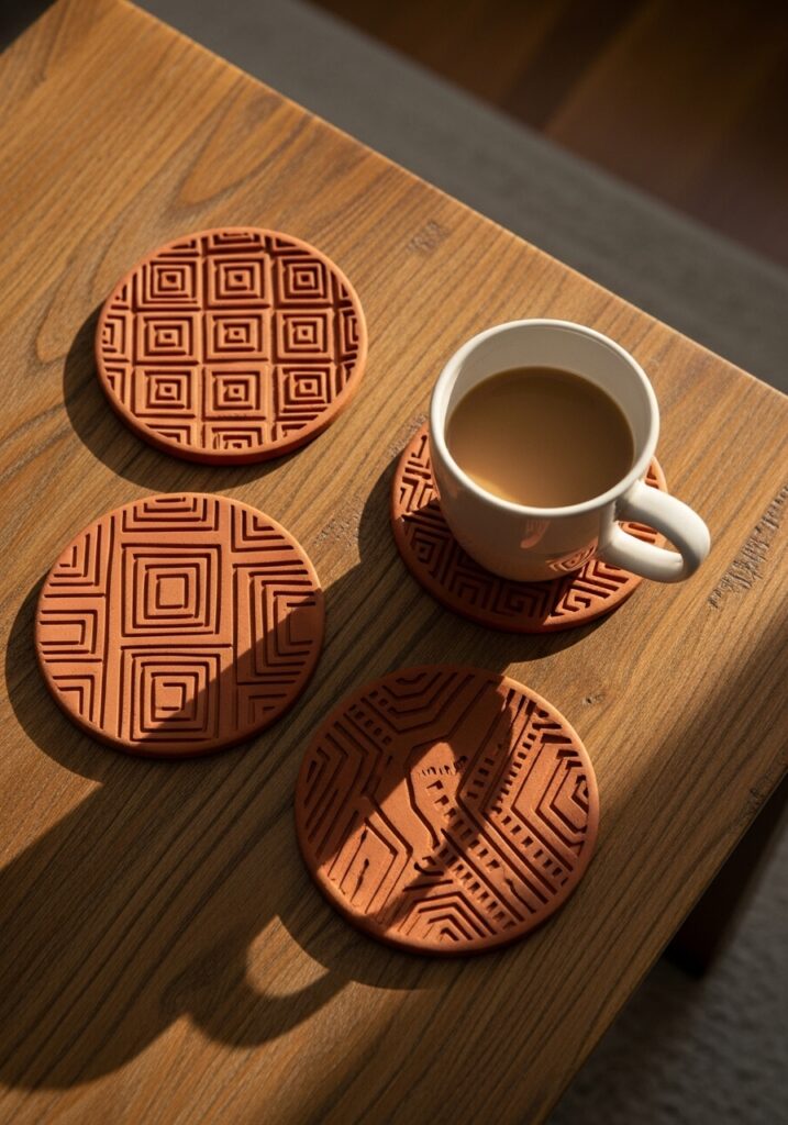 Set of handmade terracotta air dry clay coasters with geometric patterns on coffee table