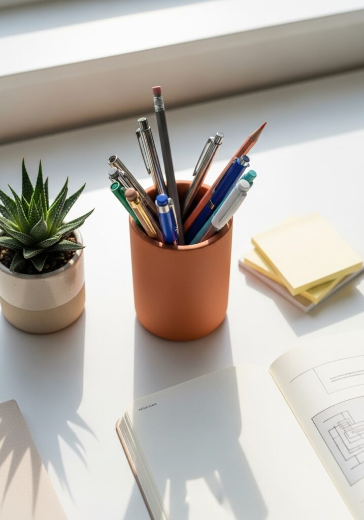 Handmade cylindrical terracotta air dry clay pen holder with pens on organized desk