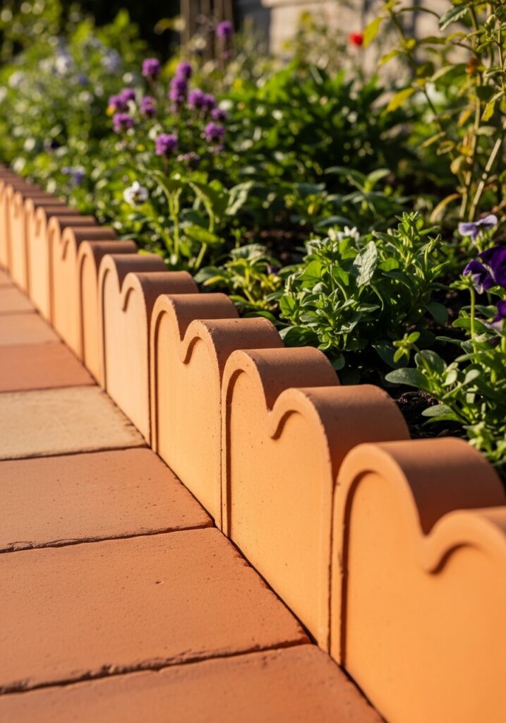 Terracotta edging tiles creating warm traditional cottage garden border