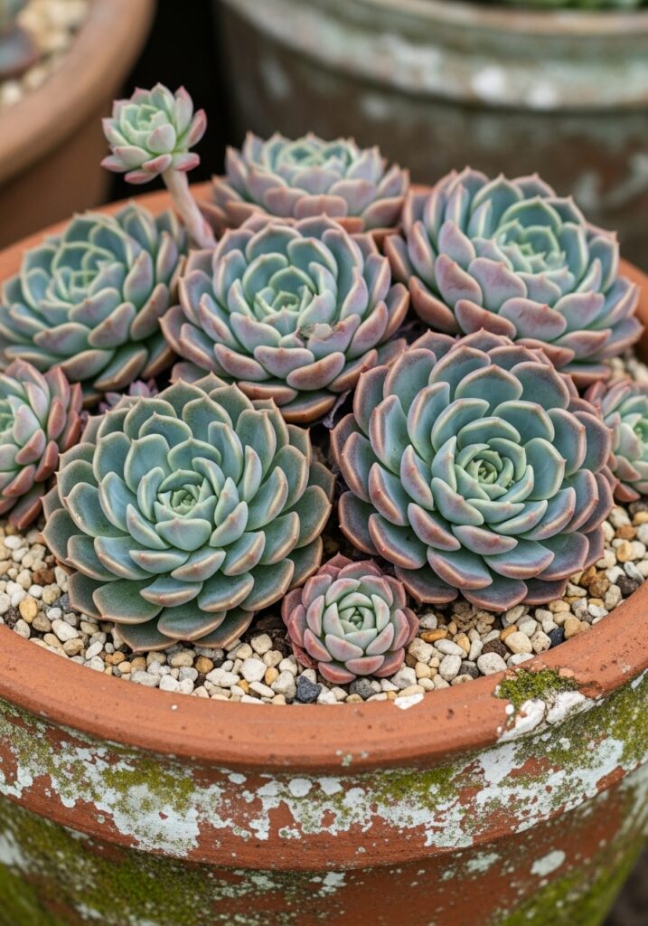 Weathered terracotta container filled with colorful succulent rosettes in gravel garden