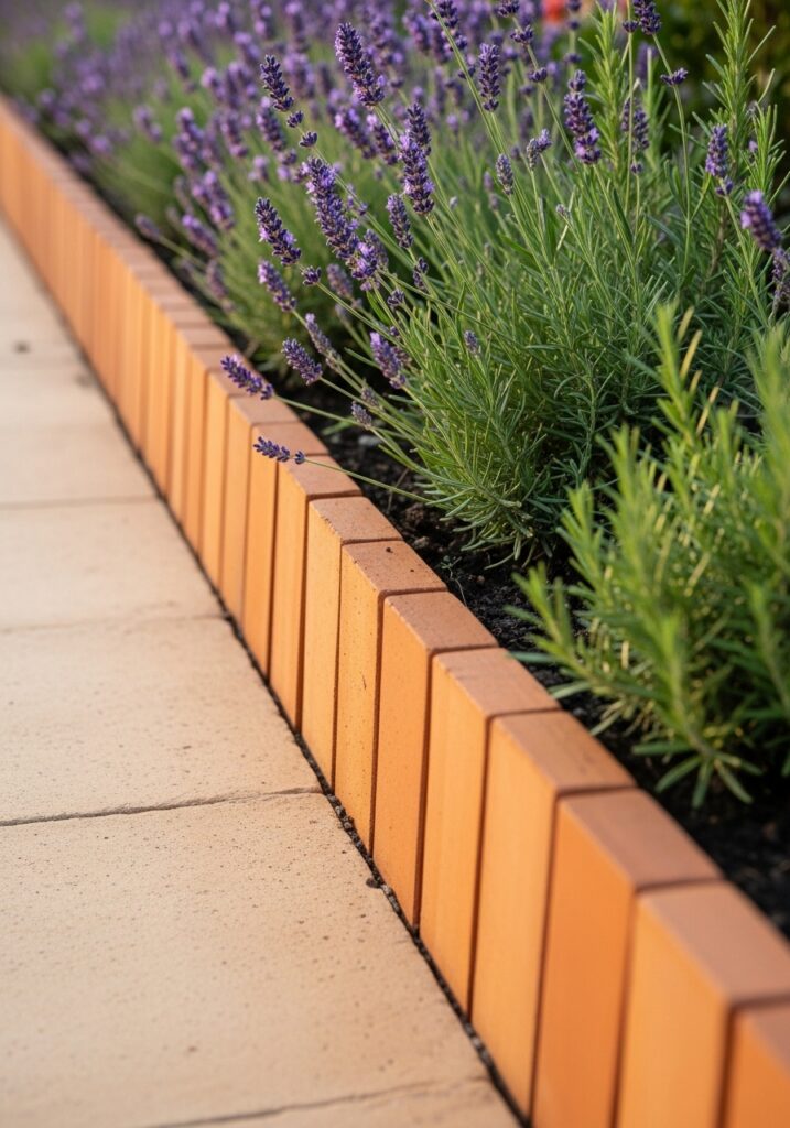 Terracotta tiles set vertically creating Mediterranean-style garden border