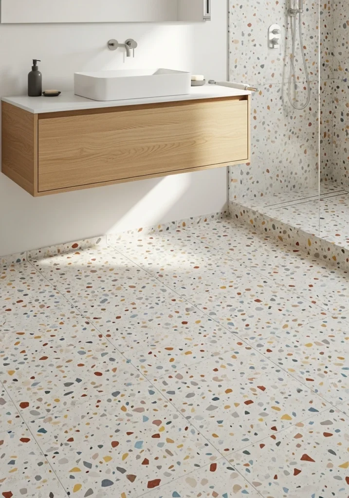 Modern terrazzo flooring with neutral base and colorful chips