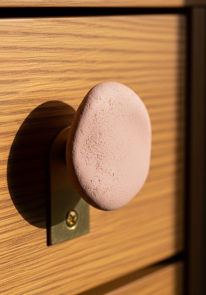  Handmade textured air dry clay drawer pull in blush pink on dresser drawer