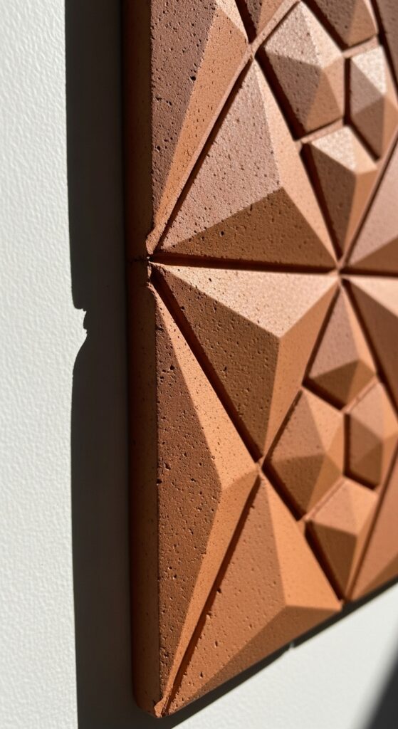 Handmade geometric air dry clay wall art with raised textured patterns in natural terracotta
