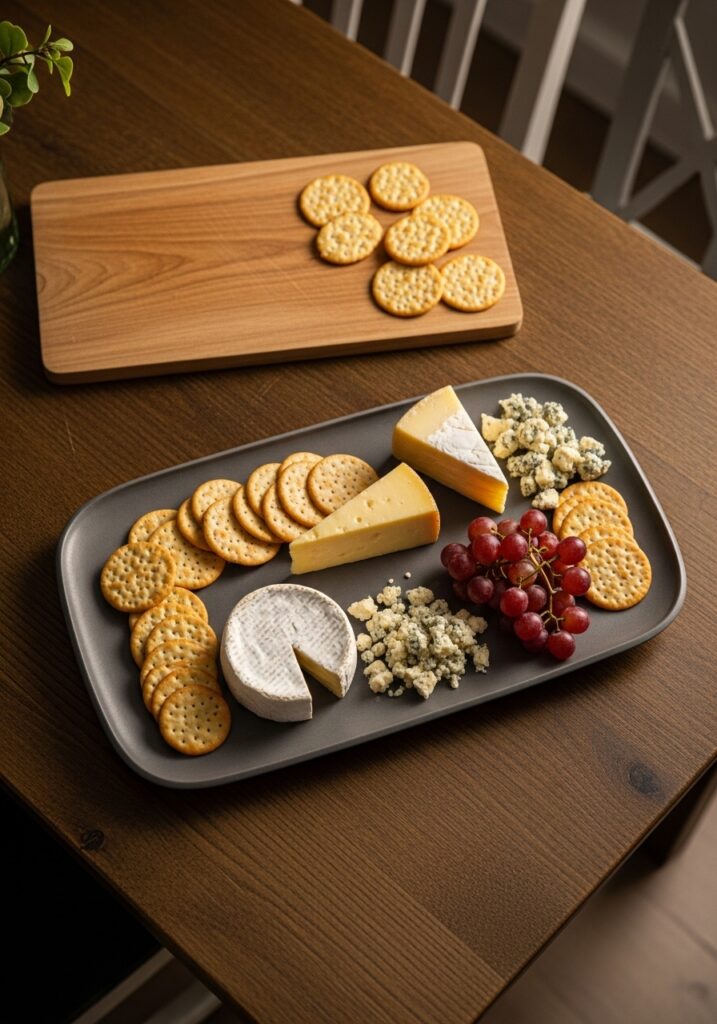 Large textured charcoal gray air dry clay serving platter with charcuterie on table