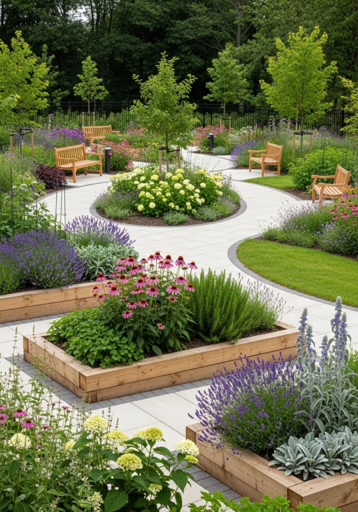 Therapeutic garden design with accessible paths and raised beds at working height