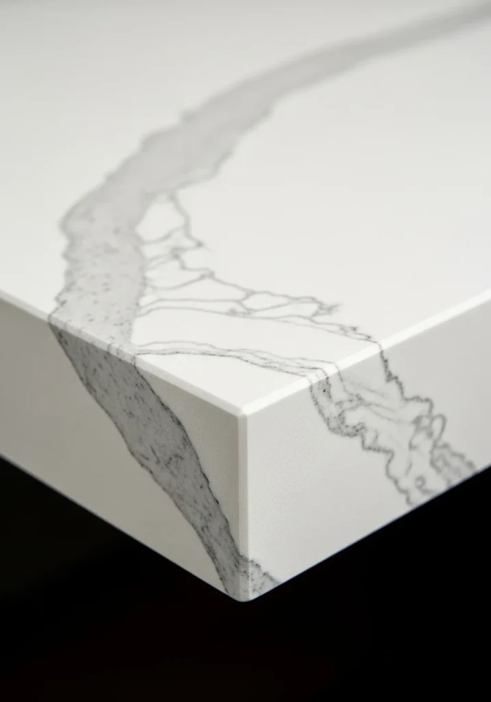 Close-up of thick 3-inch white quartz countertop edge showing substantial profile