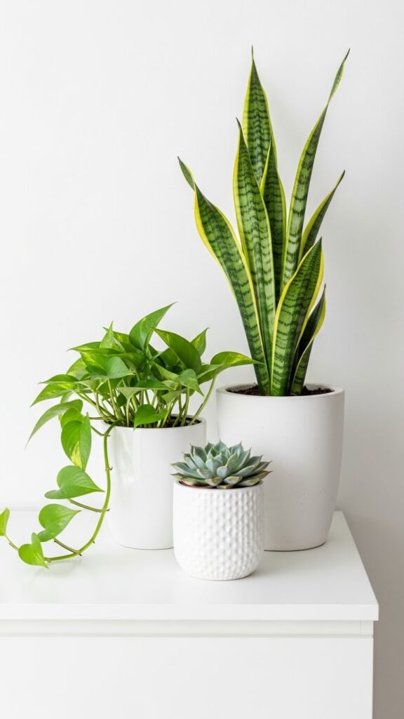 Three white potted plants in varying heights creating layered display on white bedroom dresser