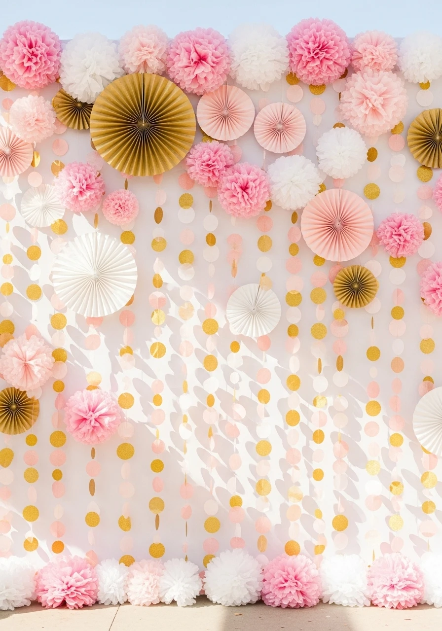 Pink and gold tissue paper confetti circles cascading down party wall
