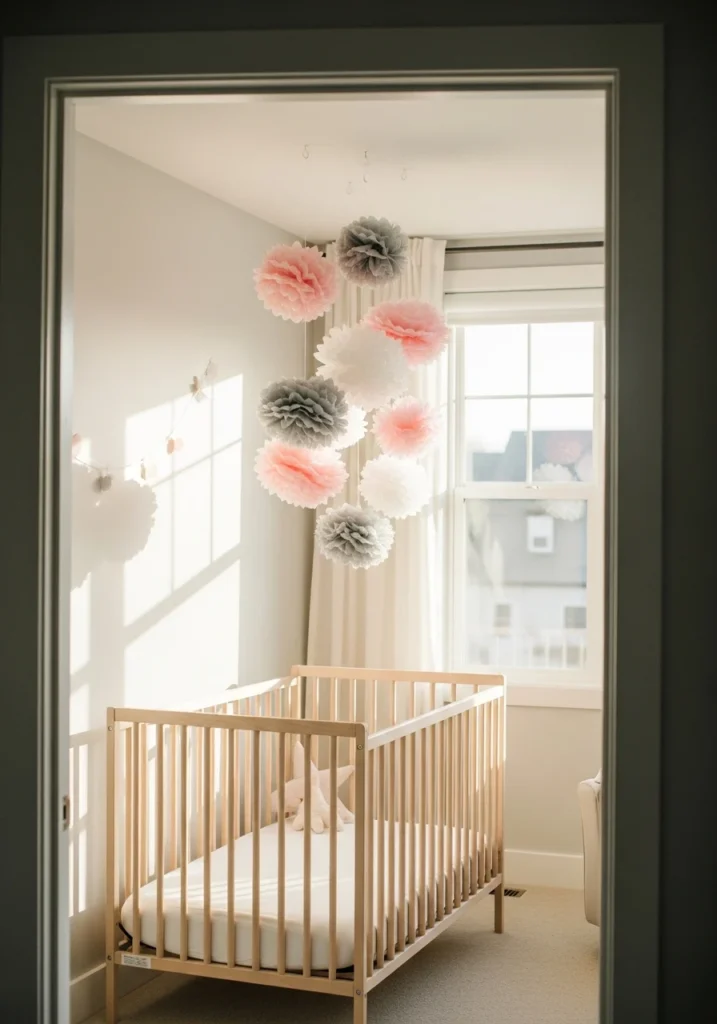 Pink white and gray tissue paper pom poms hanging above nursery crib