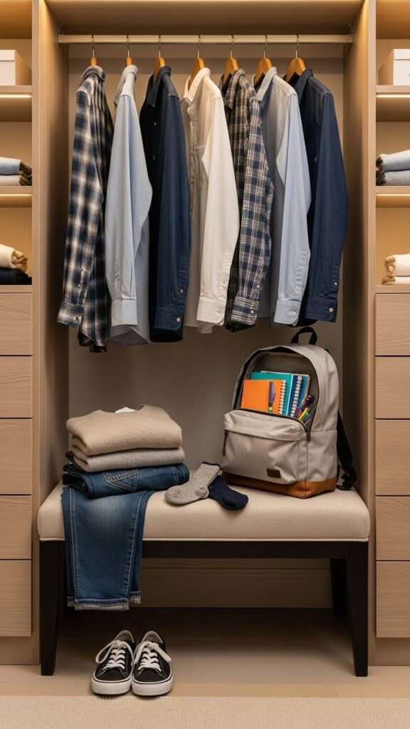 Tomorrow staging area in closet where complete school outfit and items are prepared