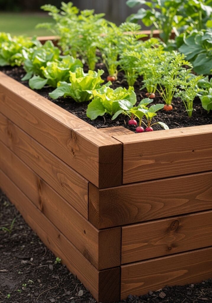 Pressure-treated landscape timbers creating durable raised garden border
