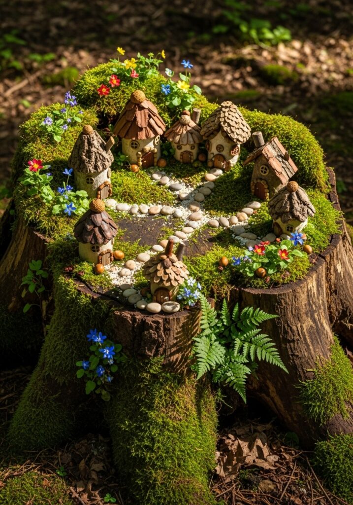 Fairy village built on top of large tree stump with moss edges