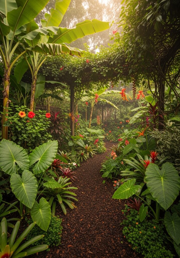 Tropical garden design with banana plants, canna, and large-leafed foliage


