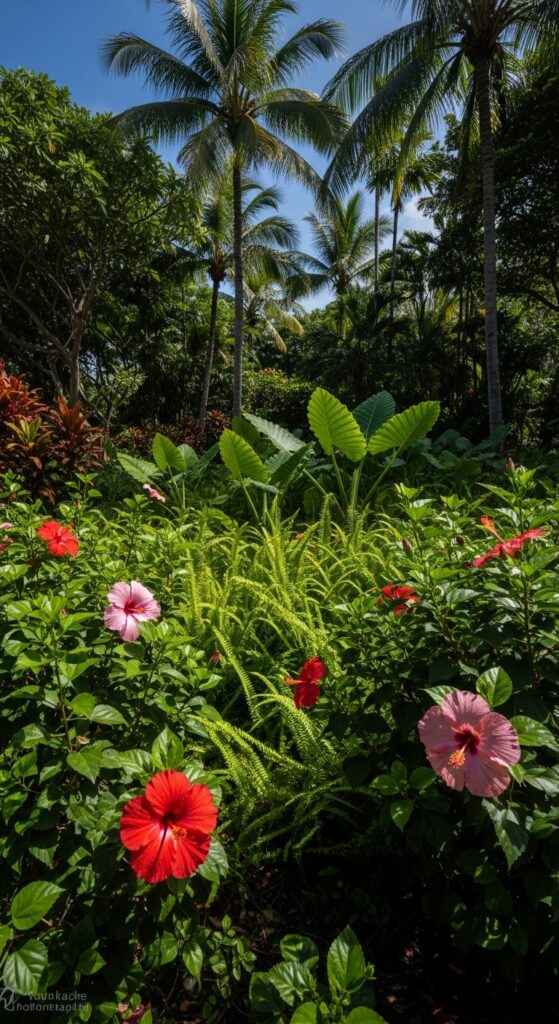 Large hibiscus bushes with oversized red and pink blooms creating tropical paradise garden