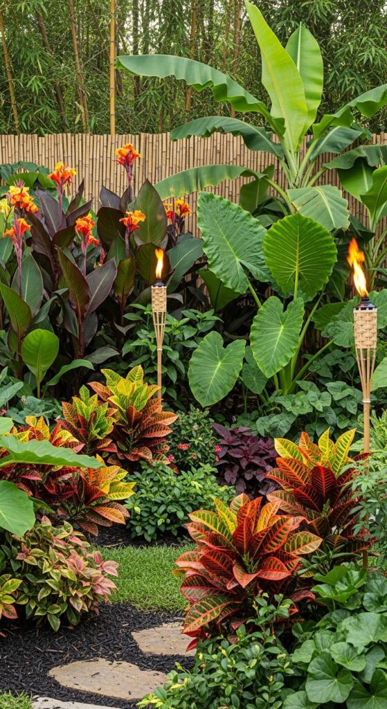 Lush tropical paradise garden with cannas, banana plants, and colorful foliage
