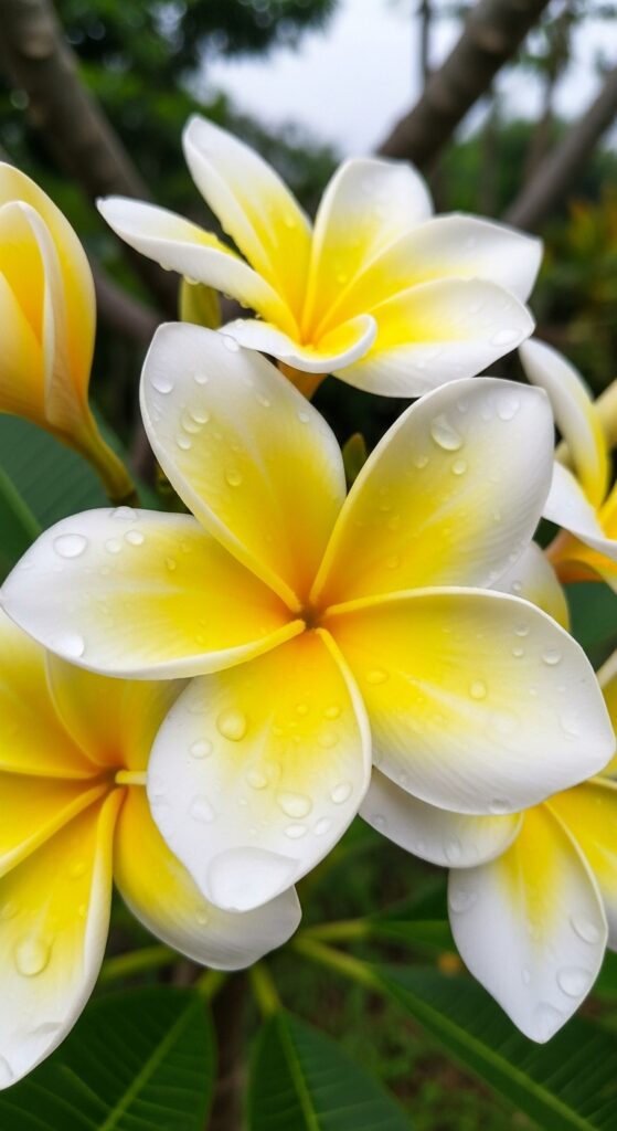 White and yellow plumeria frangipani flowers with thick petals in tropical garden