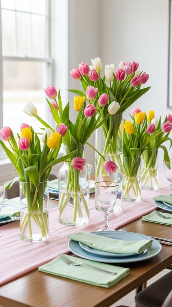 Fresh tulip centerpieces in clear glass vases styled on a spring dining table