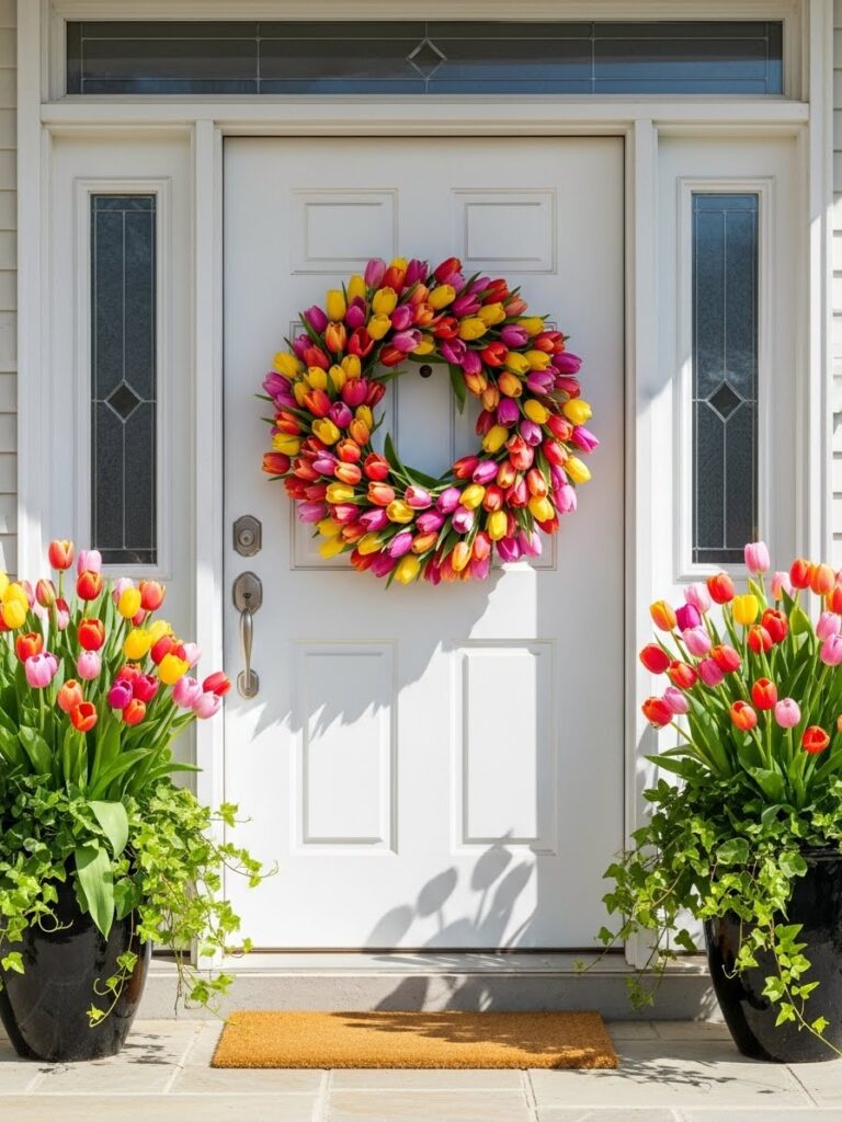 Bold tulip spring wreath on a clean front door with colorful tulips in side planters