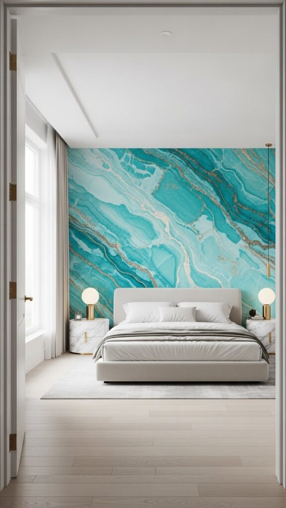 Turquoise blue marble effect accent wall in modern luxury bedroom full view