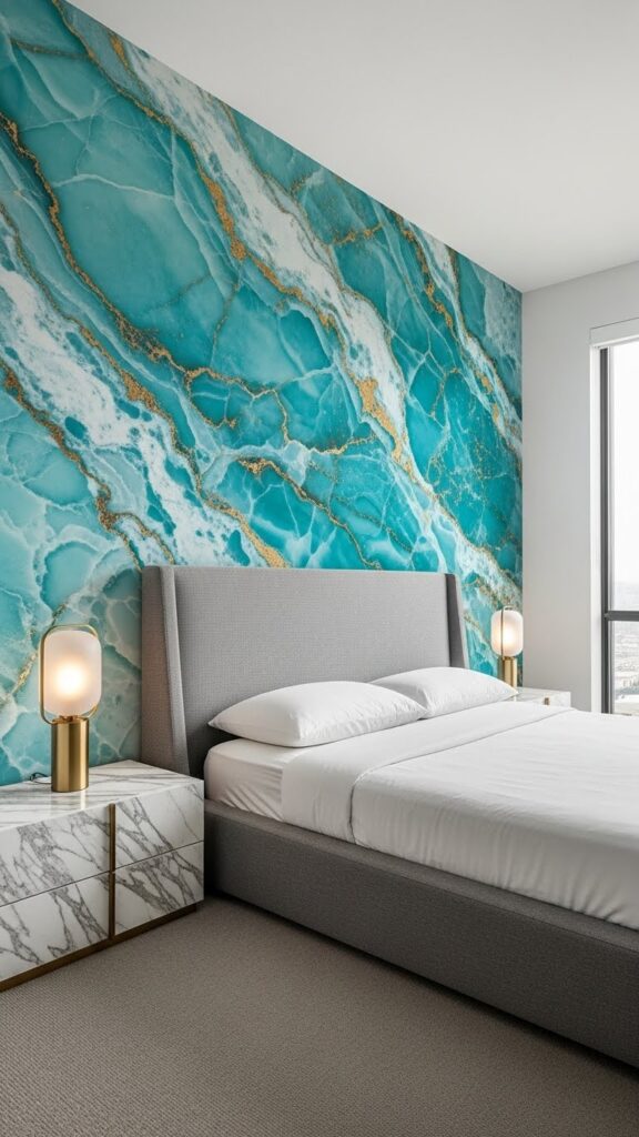 Turquoise blue marble wallpaper in modern bedroom with wide angle view