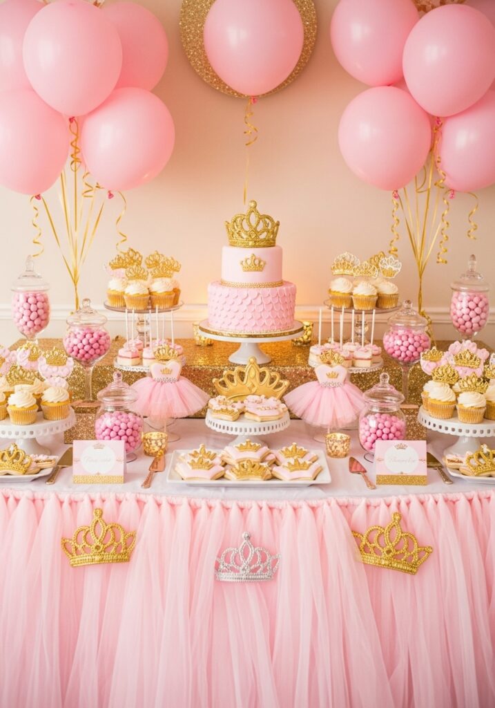 Tutu and tiara baby shower dessert table with pink princess decorations