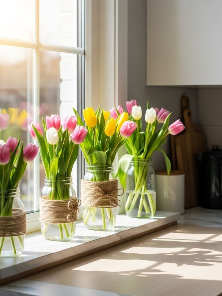 Twine-wrapped mason jars filled with colorful tulips decorating a bright spring kitchen windowsill indoors