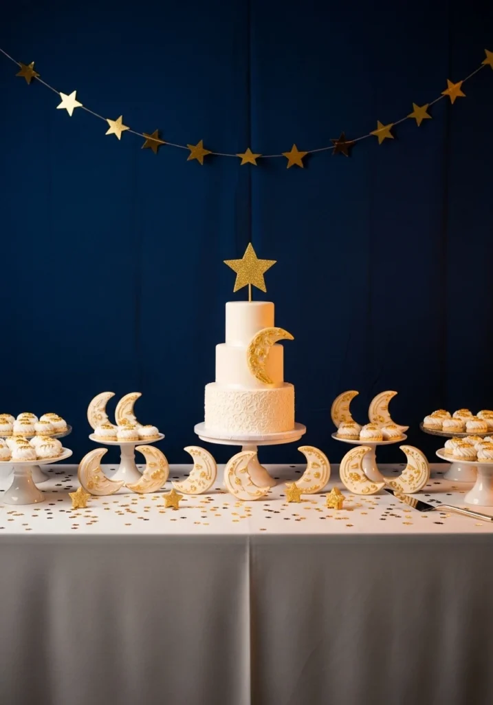 Twinkle twinkle little star baby shower dessert table with navy and gold decorations