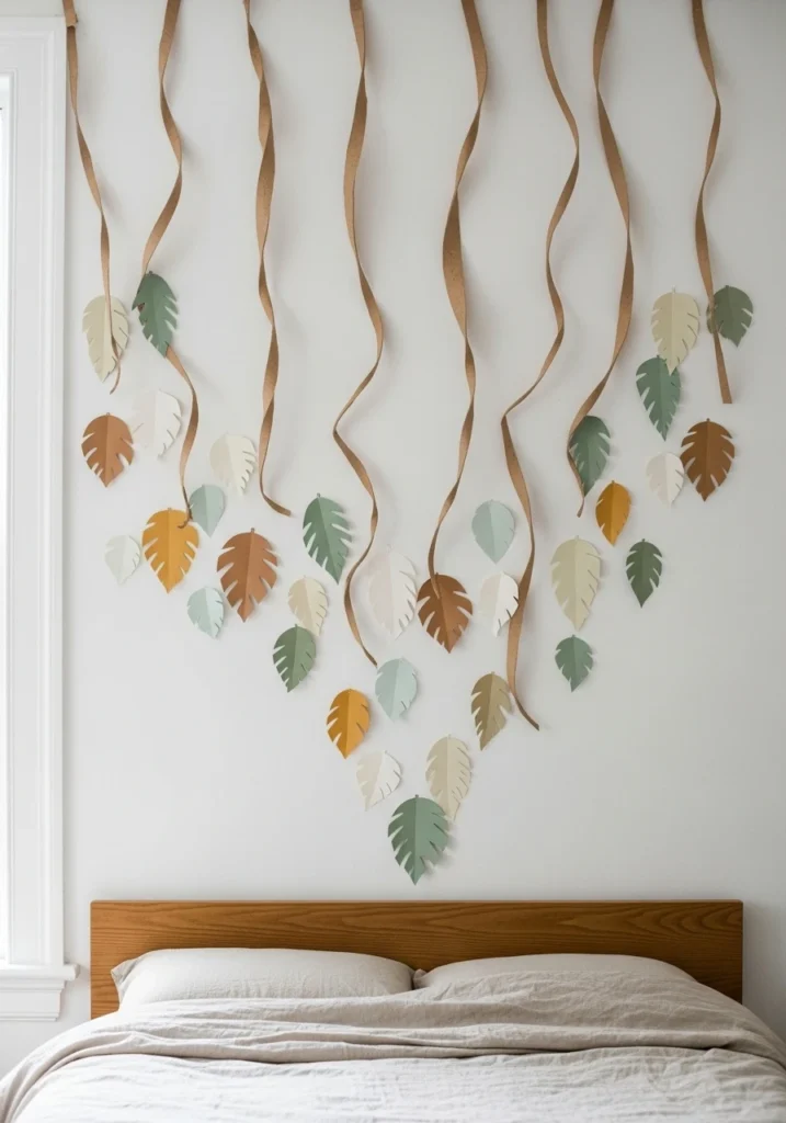 Twisted kraft paper vines with leaves hanging on bohemian bedroom wall