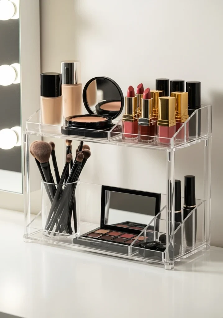 Two-tier acrylic organizer on vanity countertop with makeup products displayed