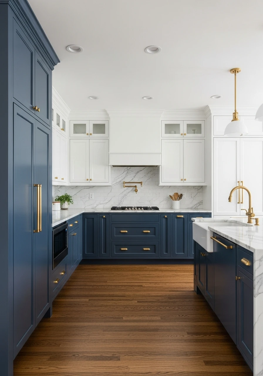 Two-tone kitchen with navy blue lower cabinets and white upper cabinets