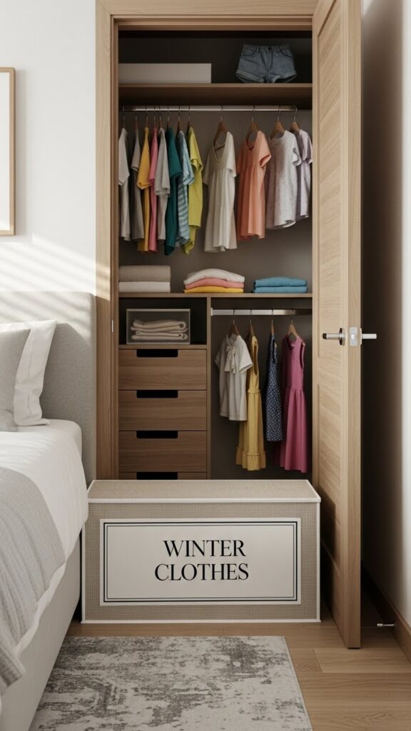  Under-bed storage for off-season kids clothes freeing apartment closet space for current wardrobe