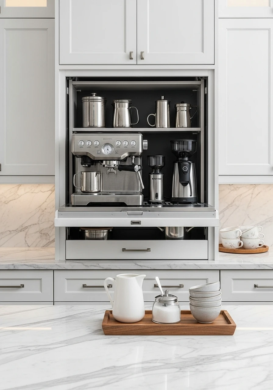  Kitchen counter with under-cabinet coffee station and retractable appliance garage door