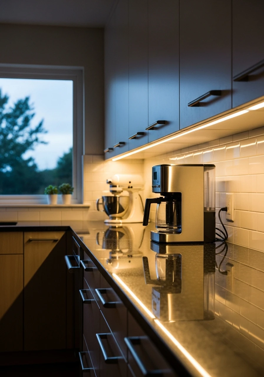 Under cabinet LED lighting creating warm glow on kitchen countertops