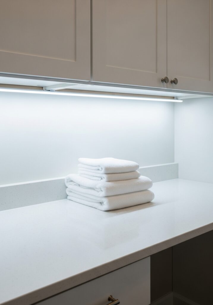 LED under cabinet lighting illuminating laundry room workspace