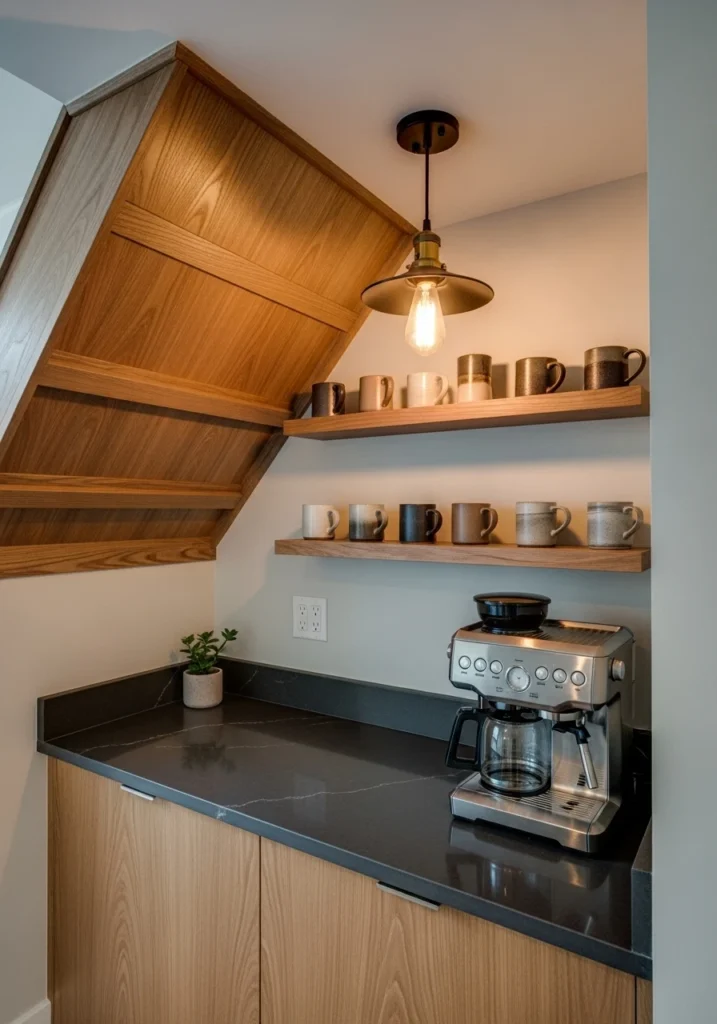  Under-stair coffee nook with custom shelving, pendant light, and mug display