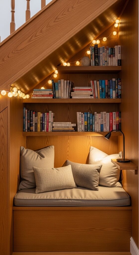 Cozy under-stairs reading nook with built-in seating and book shelves in unused staircase space
