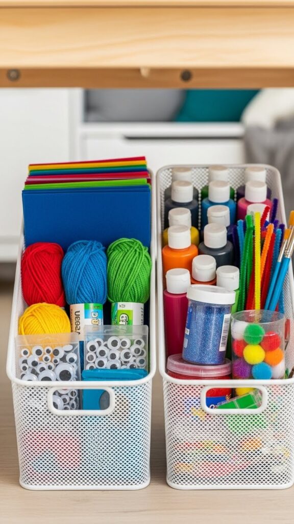 Under table bins used for kids craft supplies storage