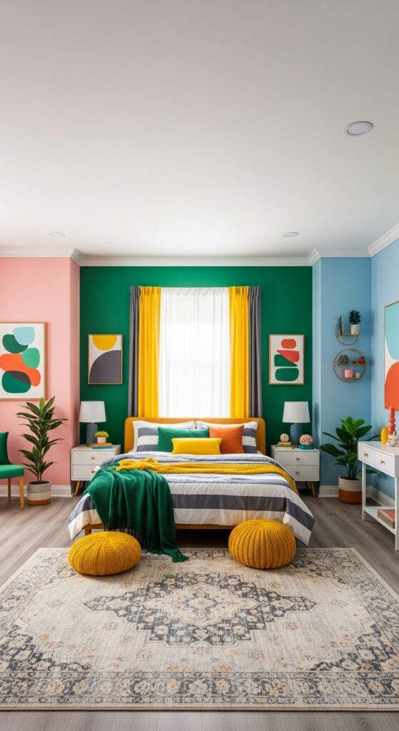 Bedroom with unexpected color combination of pink and green creating fresh unique palette