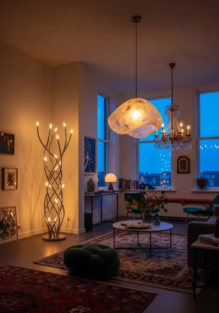 Sculptural lighting fixtures adding personality to living room